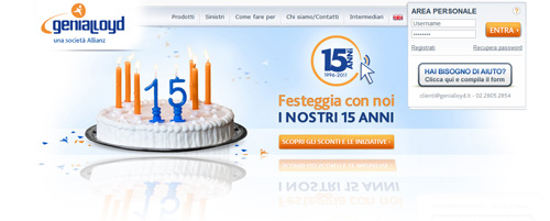 Assicurazione Genialloyd: sul sito si festeggiano i 15 anni di attività
